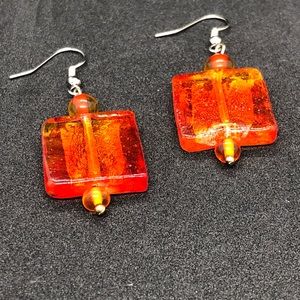 Orange glass square dangle earrings